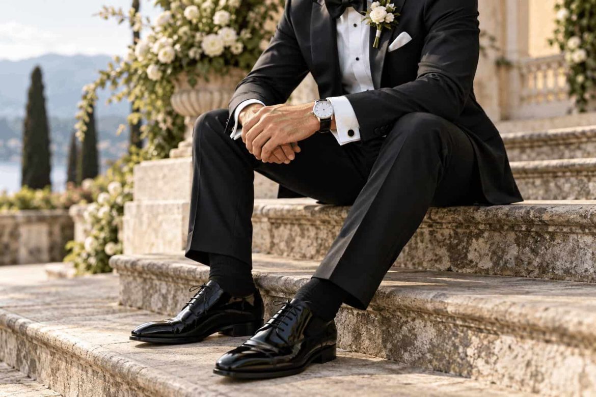Gros plan sur un marié élégant en smoking noir assise sur des marches en pierre le jour de son mariage.